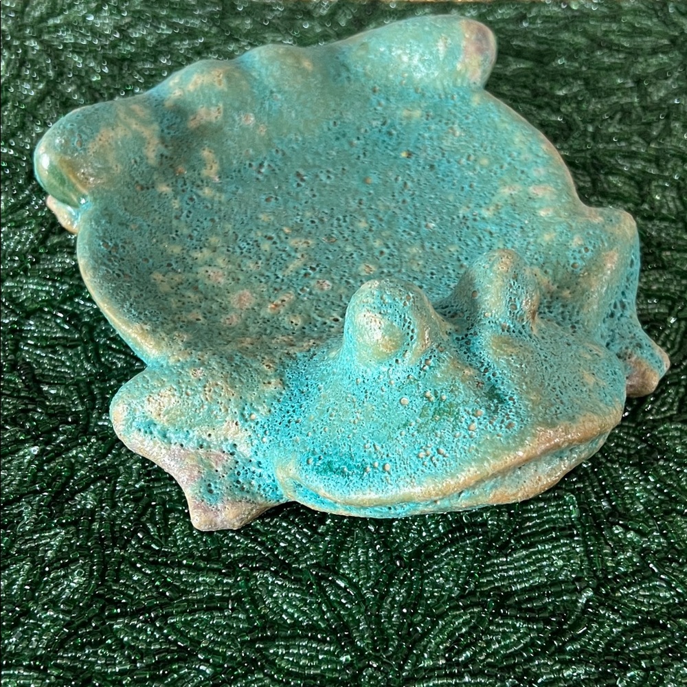 Turquoise Frog-Shaped glass Decorative Dish with patina glazed accent